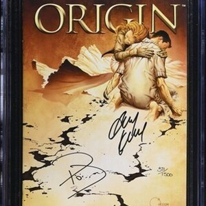 May include: A CGC graded 9.6 comic book, Wolverine: The Origin #3, featuring a cover illustration of two figures embracing. The cover includes the text ORIGIN, PART III OF VI, THE BEAST WITHIN, and two black ink signatures with a 371/1500 numbering.
