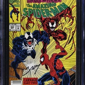May include: A CGC graded 9.4 Amazing Spider-Man #362 comic book featuring Carnage, Venom, and Spider-Man on the cover. The yellow background highlights the characters in action. The slab includes a certification label with a barcode and autograph.