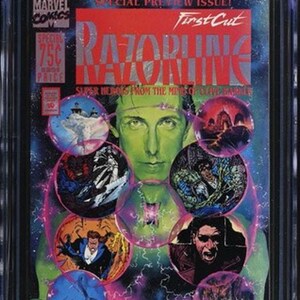 May include: A CGC graded 9.8 Marvel Comics Razorline: The First Cut #1 comic book. The cover features a green-skinned figure with multiple circular vignettes showing various scenes, set against a dark blue space background with pink energy.