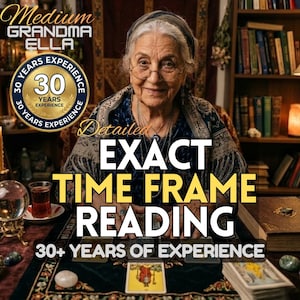 以下が含まれることがあります： メガネをかけた老婦人が、タロットカードとクリスタルボールに囲まれて微笑んでいます。「Medium Grandma Ella」と「Exact Time Frame Reading」というテキストがあります。金色のエンブレムには「30 Years Experience」と書かれています。