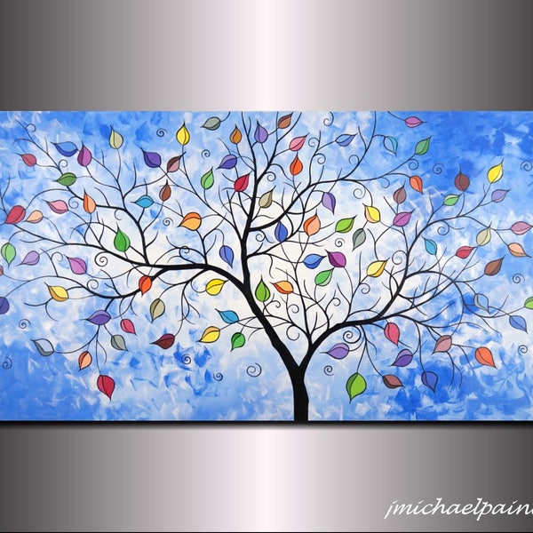 Arbre de peinture paysage abstrait grand fantaisiste arbre de vie coloré toile Art arc en ciel sur lit salon salle a manger Decor 24 x 48 JMichael