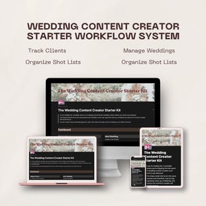 Puede incluir: Una presentación de producto de marketing digital con un portátil, un monitor de escritorio, una tableta y un smartphone. Las pantallas muestran el "Wedding Content Creator Starter Kit" con texto como "Track Clients" y "Manage Weddings."