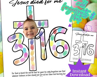 John 3:16 Christian craft, fingerprint w/ photo and bible verse activity, Jesus Sunday School printable John 3 16 Art for Kids and Toddlers