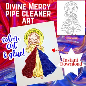 Puede incluir: Un proyecto de arte con limpiapipas de la Divina Misericordia. La imagen presenta un dibujo de Jesús con rayos de limpiapipas rojos y azules. El texto incluye "Color, cut & glue!" y "Descarga instantánea."