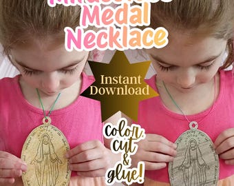 Our lady of the Miraculous Medal Craft, Printable Catholic Kid Blessed Virgin Necklace, Religious Mother Mary Marian Medal Coloring Activity