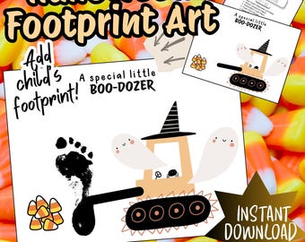 Baby & Toddler Footprint Art Truck, Halloween Construction Bulldozer ghost keepsake gift, Kids Preschool Baby's first Craft Activity