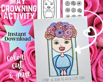 May Crowning Activity, May Crowning Craft, Printable Coloring Catholic May Crowning, Virgin Mary Printable, Catholic Printables for kids