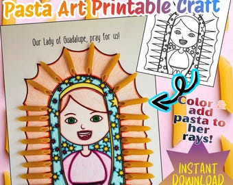 Our Lady of Guadalupe DIY Pasta Craft, Religious Printable art coloring page for Sunday school, Catholic Feast Day Activity Sheet for Kids