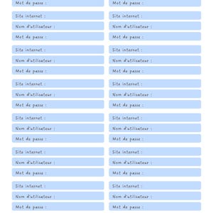 Könnte beinhalten: Ein Passwort-Notizbuch mit hellblauem Hintergrund und Reihen von Feldern mit der Bezeichnung "Site internet", "Nom d'utilisateur" und "Mot de passe". Der Titel "Mes mots de passe" steht oben.
