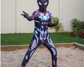 Czarno-niebieski kostium superbohatera dla dzieci z maską | Zaawansowany projekt kostiumu Cosplay inspirowany Spider-Verse, rozmiar dla chłopców i dziewcząt, prezent urodzinowy
