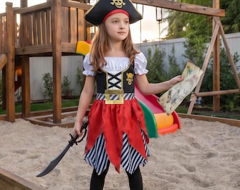 Strój pirata dla dziewcząt z kapeluszem – Strój piracki dla dzieci – Strój na Halloween dla dziewczynki – Piratka Cosplay – Strój przygodowy dla dzieci