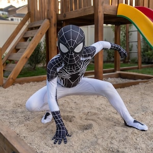Svartvit Spindelhjältedräkt för barn – Superhjältedräkt med mask – Halloweendräkt för barn – Cosplay-outfit – Hjältedräkt för pojkar bild 5
