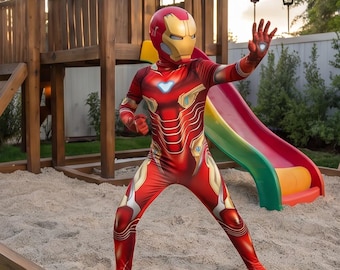 Kids Superhero Costume Red and Gold – Full Bodysuit Futuristic Armor Style for Party, Cosplay, and Birthday
