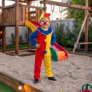 May include: A young child in a colorful clown costume stands in a sandbox. The costume is red, yellow, and blue, with a matching hat and a red nose. A playground with a slide and swings is in the background.