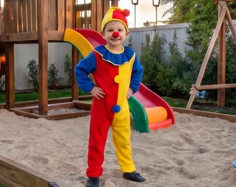 Strój klauna dla dzieci w kolorze czerwono-żółtym z kapeluszem – zabawny strój cyrkowy dla chłopców – kostium na Halloween dla dzieci – cosplay klauna – kostium dla malucha