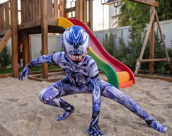 Czarny kostium Venom dla dzieci z maską | Body cosplay na Halloween z motywem zębów i języka | Rozmiary dla chłopców i dziewcząt 4-10, prezent urodzinowy