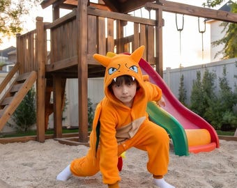 Dziecięcy jednoczęściowy kostium piżamowy ze smokiem – pomarańczowy kombinezon z kapturem i skrzydłami – kostium na Halloween dla dzieci – przytulny strój cosplay