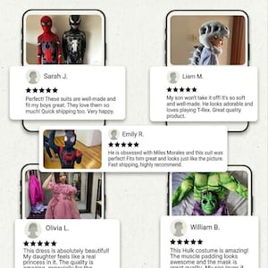 Może przedstawiać: Grafika z opiniami klient&oacute;w przedstawiająca dzieci w kostiumach, w tym Spider-Mana, Venoma, T-Rexa i Hulka. Recenzje podkreślają jakość i zadowolenie z kostium&oacute;w, z komentarzami takimi jak &bdquo;absolutnie piękne&rdquo; i &bdquo;niesamowite&rdquo;.