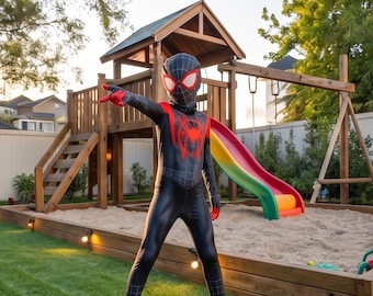 Czarny kostium superbohatera dla dzieci z czerwonym wzorem sieci – zestaw body cosplay na Halloween dla chłopców z maską i rękawiczkami