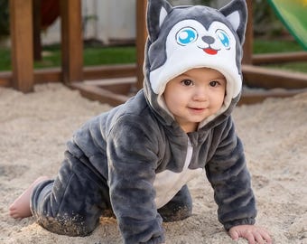 Jednoczęściowy kostium wilka – uroczy piżamowy strój dla malucha – kostium na Halloween dla niemowląt – miękki polarowy kombinezon cosplay