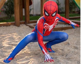 Czerwono-niebieski kostium Spider-Mana na PS4 dla dzieci z maską | Biały Spider Emblem Cosplay z gry wideo | Rozmiary 4-10, prezent urodzinowy dla chłopców i dziewcząt