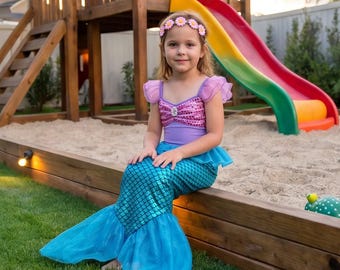 Strój syreny dla dziewczynki z opaską na głowę – Strój syreny dla dzieci – Strój na Halloween dla dziewczynki – Sukienka cosplay – Syrena dla malucha