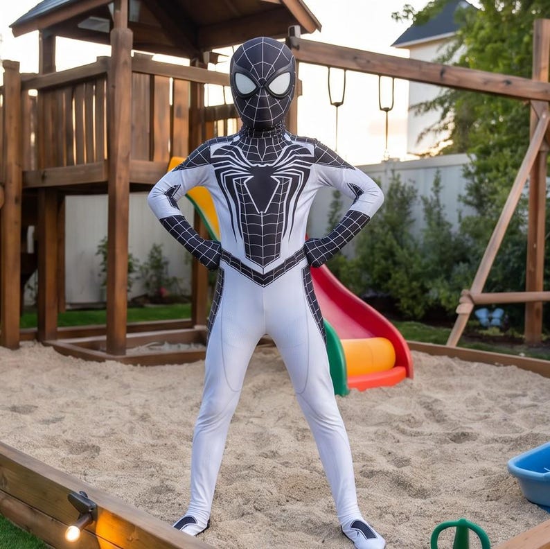 Svartvit Spindelhjältedräkt för barn – Superhjältedräkt med mask – Halloweendräkt för barn – Cosplay-outfit – Hjältedräkt för pojkar bild 2