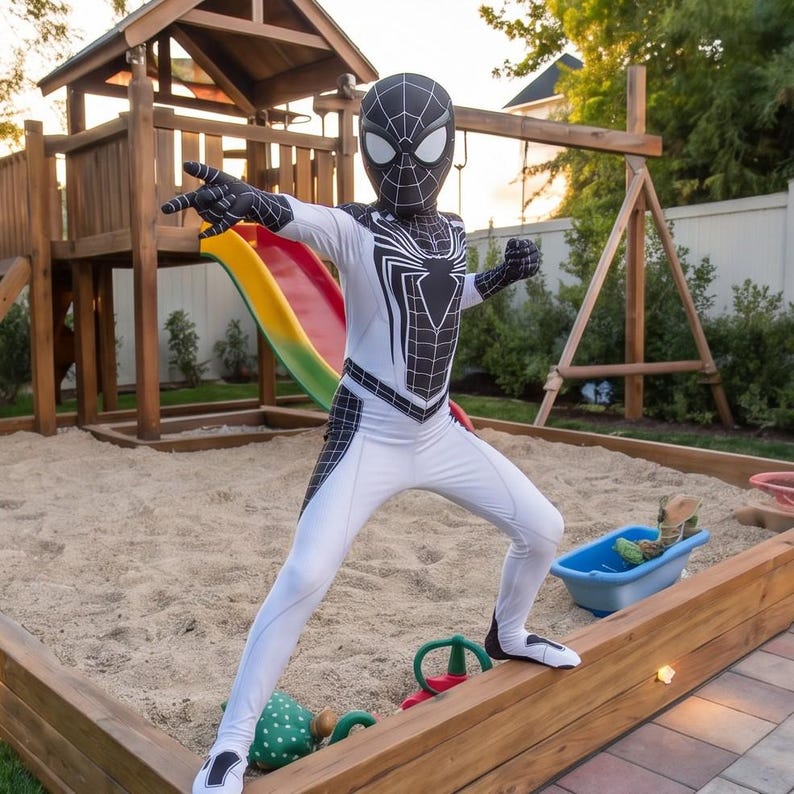 Svartvit Spindelhjältedräkt för barn – Superhjältedräkt med mask – Halloweendräkt för barn – Cosplay-outfit – Hjältedräkt för pojkar bild 4