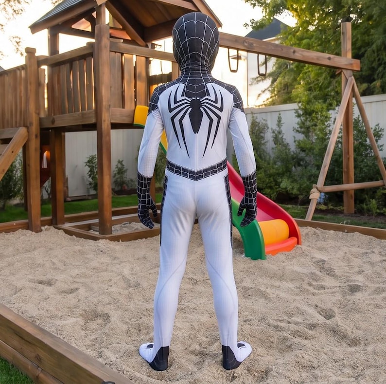 Svartvit Spindelhjältedräkt för barn – Superhjältedräkt med mask – Halloweendräkt för barn – Cosplay-outfit – Hjältedräkt för pojkar bild 7