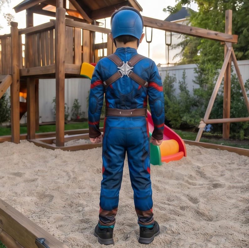 May include: A child wearing a Captain America costume, including a blue jumpsuit, helmet, and brown harness. The costume has red and brown accents. The child is standing in a sandbox near a wooden playset.