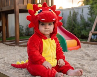 Czerwony kombinezon w kształcie smoka dla dziecka – uroczy piżamowy strój z dinozaurem dla malucha – kostium na Halloween dla dziecka – miękki kombinezon cosplayowy w zwierzęce wzory