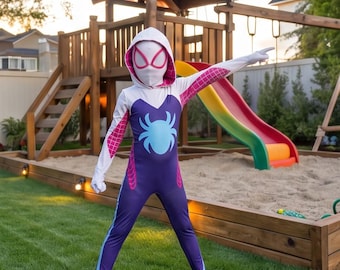 Déguisement araignée-héros rose et violet - Body super-héros avec capuche pour enfants