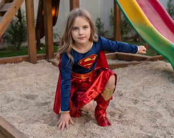 Dziewczęcy kostium superbohaterki z peleryną – czerwono-niebieski strój bohaterki – dziecięcy kostium na Halloween – sukienka cosplay księżniczki bohaterki