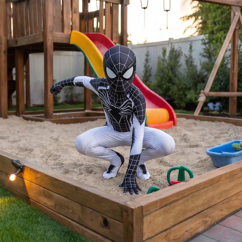 Svartvit Spindelhjältedräkt för barn – Superhjältedräkt med mask – Halloweendräkt för barn – Cosplay-outfit – Hjältedräkt för pojkar bild 1