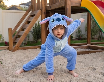 Blauwe monsterromper pyjama voor kinderen – schattig dierenkostuum met capuchon – Halloween-kostuum voor kinderen – gezellige cosplay-outfit – peuterkinderen