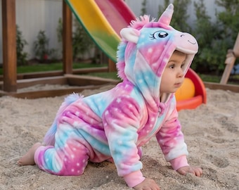 Jednoczęściowy kostium jednorożca dla dziecka – uroczy tęczowy piżamowy zwierzak dla malucha – kostium na Halloween dla dziecka – miękki strój cosplay jednorożca