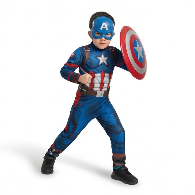 May include: A child wearing a Captain America costume, including a blue mask with a white "A", a blue and red jumpsuit, and a shield. The shield is red, white, and blue with a white star in the center. The child is wearing black shoes.