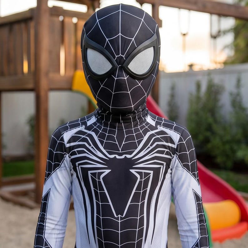 Svartvit Spindelhjältedräkt för barn – Superhjältedräkt med mask – Halloweendräkt för barn – Cosplay-outfit – Hjältedräkt för pojkar bild 3