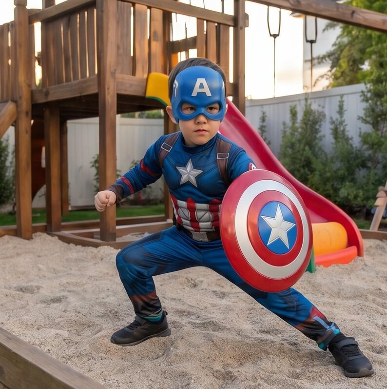 May include: A child in a Captain America costume, including a blue mask with a white "A", a blue and red suit, and a shield. The child is posing in a sandbox near a wooden playset and red slide.