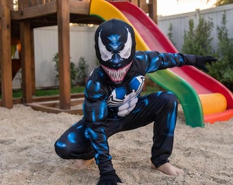 Dziecięcy kostium superbohatera w kolorze czarnym, niebieskim z maską – kostium bohatera potwora dla chłopców – Halloween – strój cosplay z mięśniami – dziecięcy bohater złoczyńcy