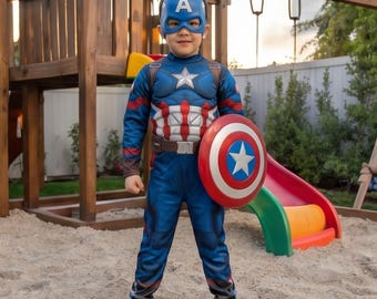 Kostium Kapitana Hero z tarczą dla dzieci | Komplet body superbohatera dla chłopców | Strój cosplay na Halloween | Prezent urodzinowy dla chłopców