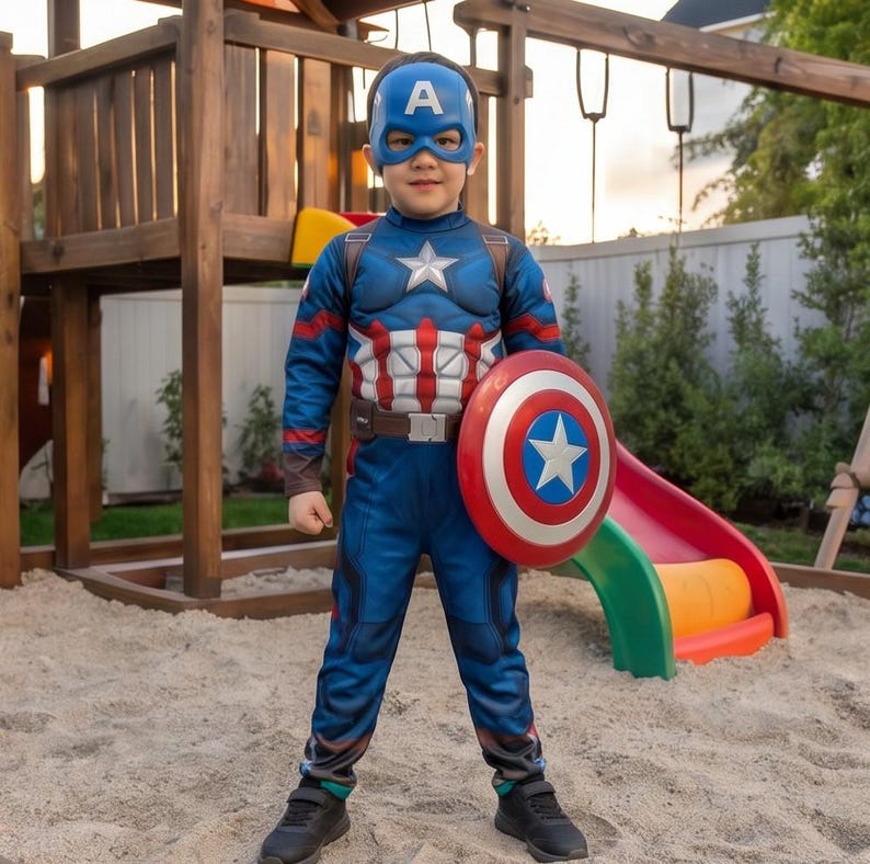 May include: A child wearing a Captain America costume, including a blue mask with a white "A", a blue and red suit, and a shield. The costume has a star on the chest and a brown belt. The child is standing in a sandbox near a wooden playset.
