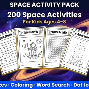 May include: A space activity pack for kids ages 4-8, featuring 200 space-themed activities. The pack includes mazes, coloring pages, word searches, and dot-to-dot puzzles. The cover displays four activity sheets with illustrations of rockets, astronauts, and planets.