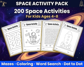 May include: A space activity pack for kids ages 4-8, featuring 200 space-themed activities. The pack includes mazes, coloring pages, word searches, and dot-to-dot puzzles. The cover displays four activity sheets with illustrations of rockets, astronauts, and planets.