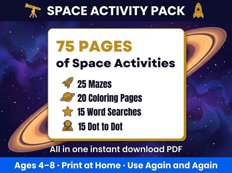 May include: A digital space activity pack with 75 pages of activities, including mazes, coloring pages, word searches, and dot-to-dot games. The pack is designed for ages 4-8 and is available as an instant download PDF.