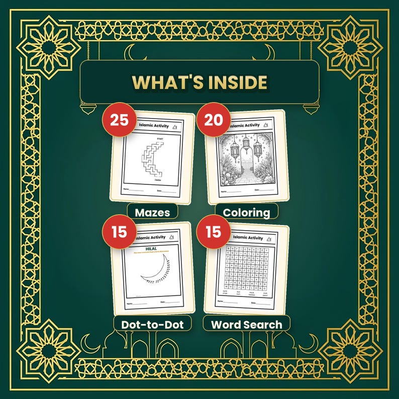 Paquete de actividades islámicas para niños: laberintos de unir puntos, dibujos para colorear, sopa de letras (descarga digital). imagen 2