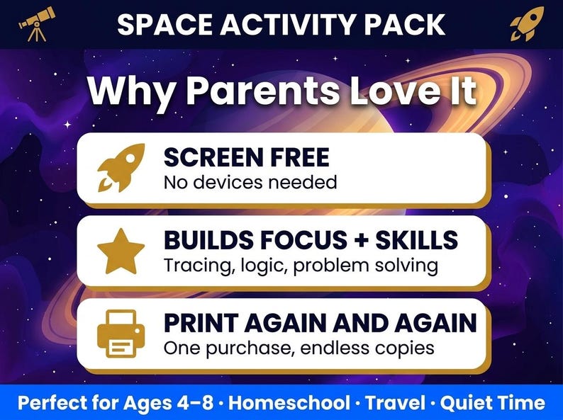 K&ouml;nnte beinhalten: Ein Weltraum-Aktivit&auml;tspaket mit dem Text "SPACE ACTIVITY PACK" und "Why Parents Love It." Enth&auml;lt "SCREEN FREE", "BUILDS FOCUS + SKILLS" und "PRINT AGAIN AND AGAIN". Der Hintergrund ist eine lila und blaue Galaxie mit einem gelben Planeten.