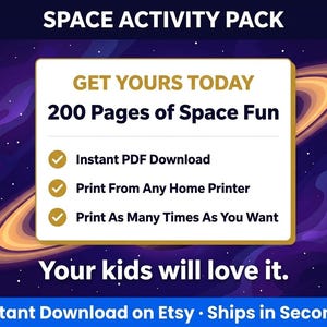 K&ouml;nnte beinhalten: Ein digitales Weltraum-Aktivit&auml;tspaket mit einem lila und goldenen Galaxienhintergrund. Das Paket enth&auml;lt 200 Seiten Weltraum-Spa&szlig;, verf&uuml;gbar als sofortiger PDF-Download. Es kann von jedem Heimdrucker beliebig oft ausgedruckt werden.