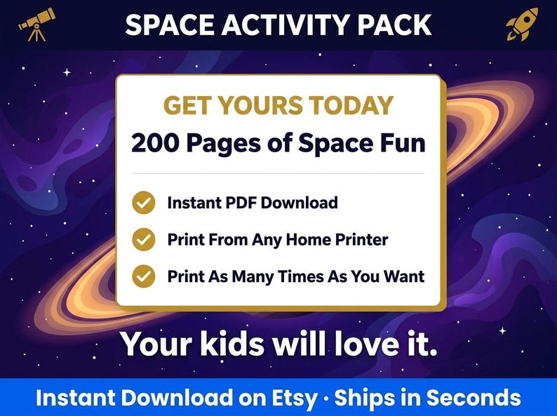 K&ouml;nnte beinhalten: Ein digitales Weltraum-Aktivit&auml;tspaket mit einem lila und goldenen Galaxienhintergrund. Das Paket enth&auml;lt 200 Seiten Weltraum-Spa&szlig;, verf&uuml;gbar als sofortiger PDF-Download. Es kann von jedem Heimdrucker beliebig oft ausgedruckt werden.