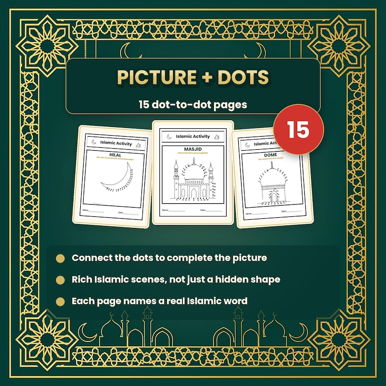 Paquete de actividades islámicas para niños: laberintos de unir puntos, dibujos para colorear, sopa de letras (descarga digital). imagen 6